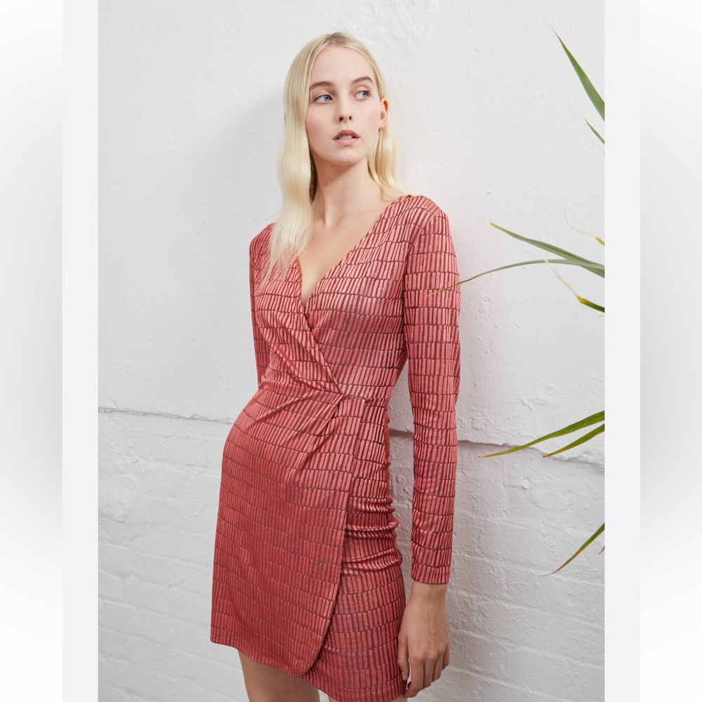 NWOT French Connection Rust Red Geometric Textured Wrap Mini Dress Womens 8